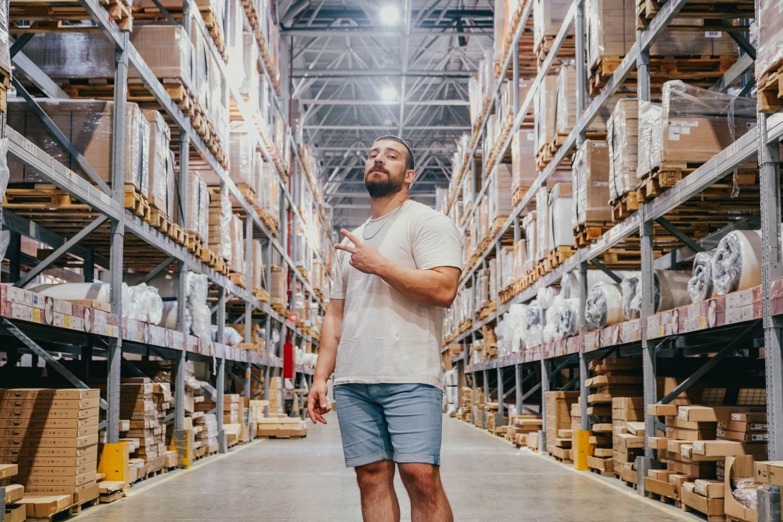 Wholesale trader using a phone in a warehouse