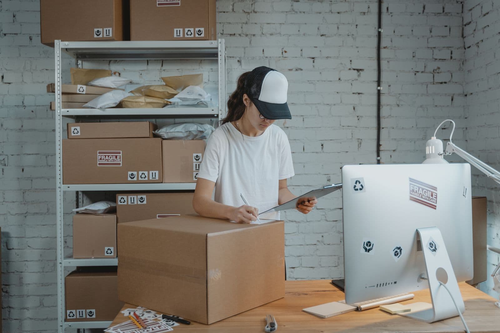 Export business manager checking shipping on a phone in a warehouse