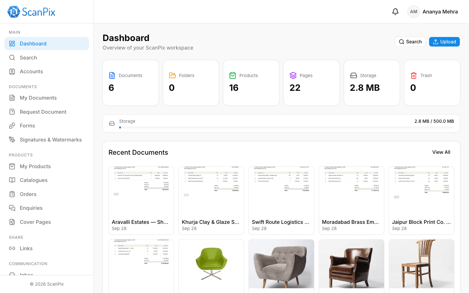 The ScanPix web dashboard with documents, products and orders