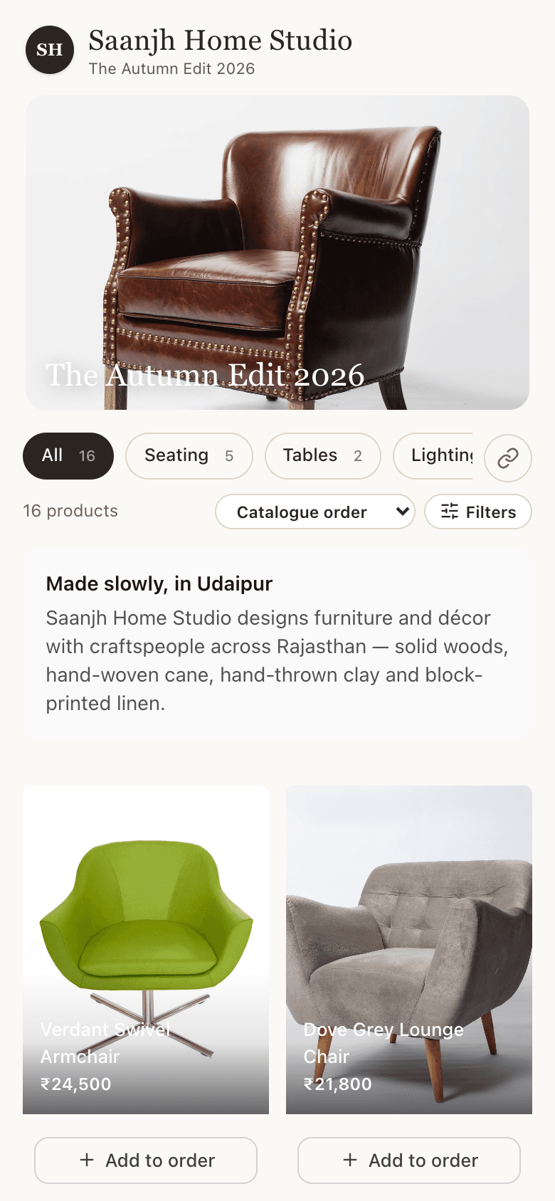 A live demo catalogue open on a phone