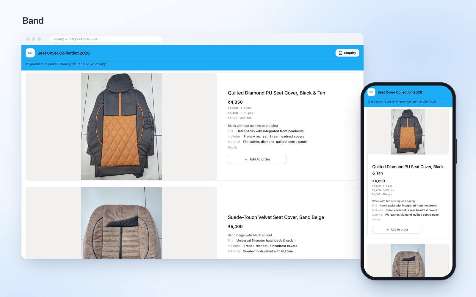 Screenshot: the seat-cover demo catalogue in the Band layout, on desktop and phone