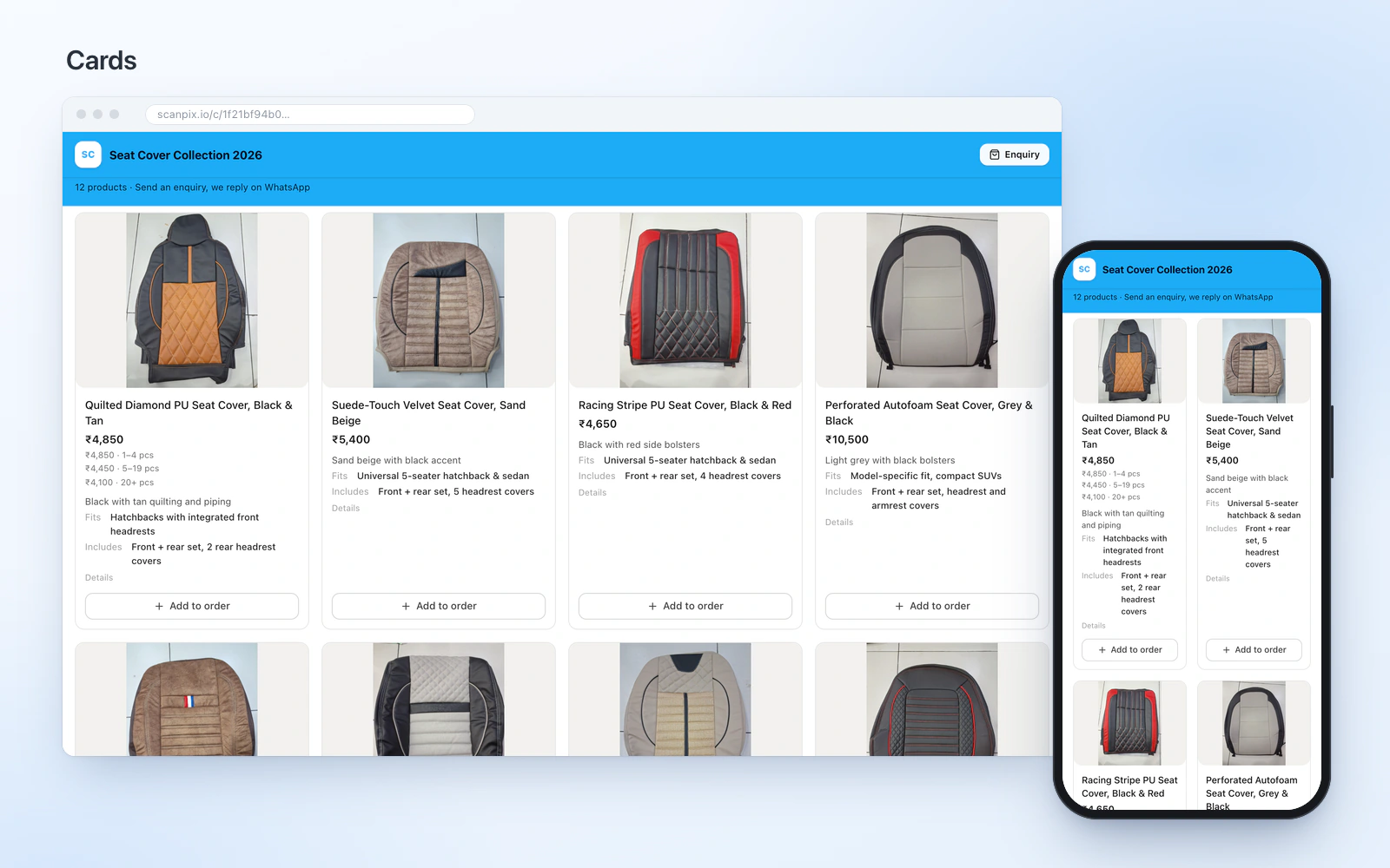 Screenshot: the seat-cover demo catalogue in the Cards layout, on desktop and phone