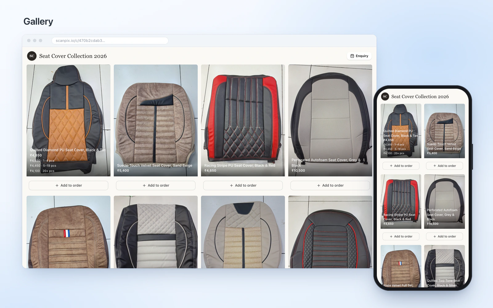 Screenshot: the seat-cover demo catalogue in the Gallery layout, on desktop and phone