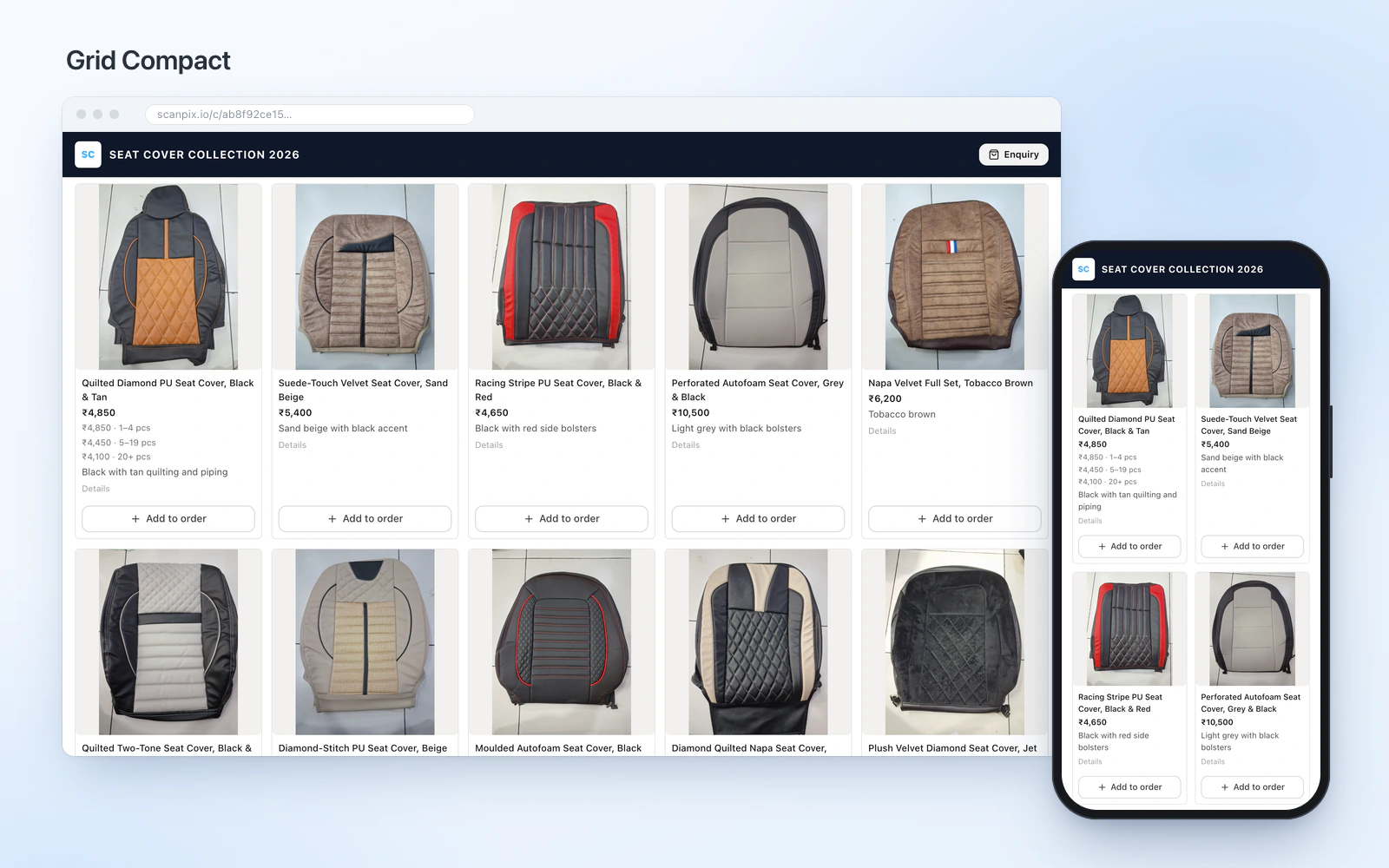 Screenshot: the seat-cover demo catalogue in the Grid Compact layout, on desktop and phone
