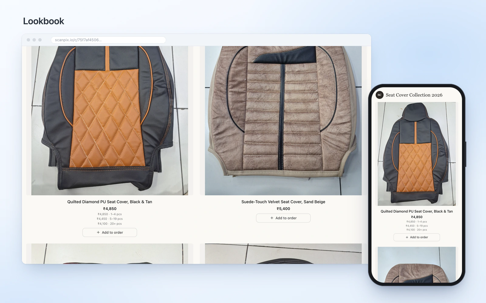 Screenshot: the seat-cover demo catalogue in the Lookbook layout, on desktop and phone