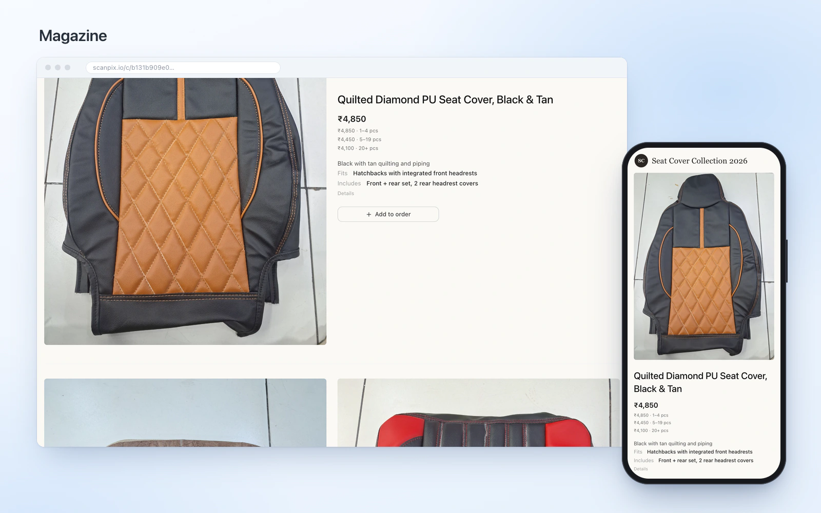 Screenshot: the seat-cover demo catalogue in the Magazine layout, on desktop and phone
