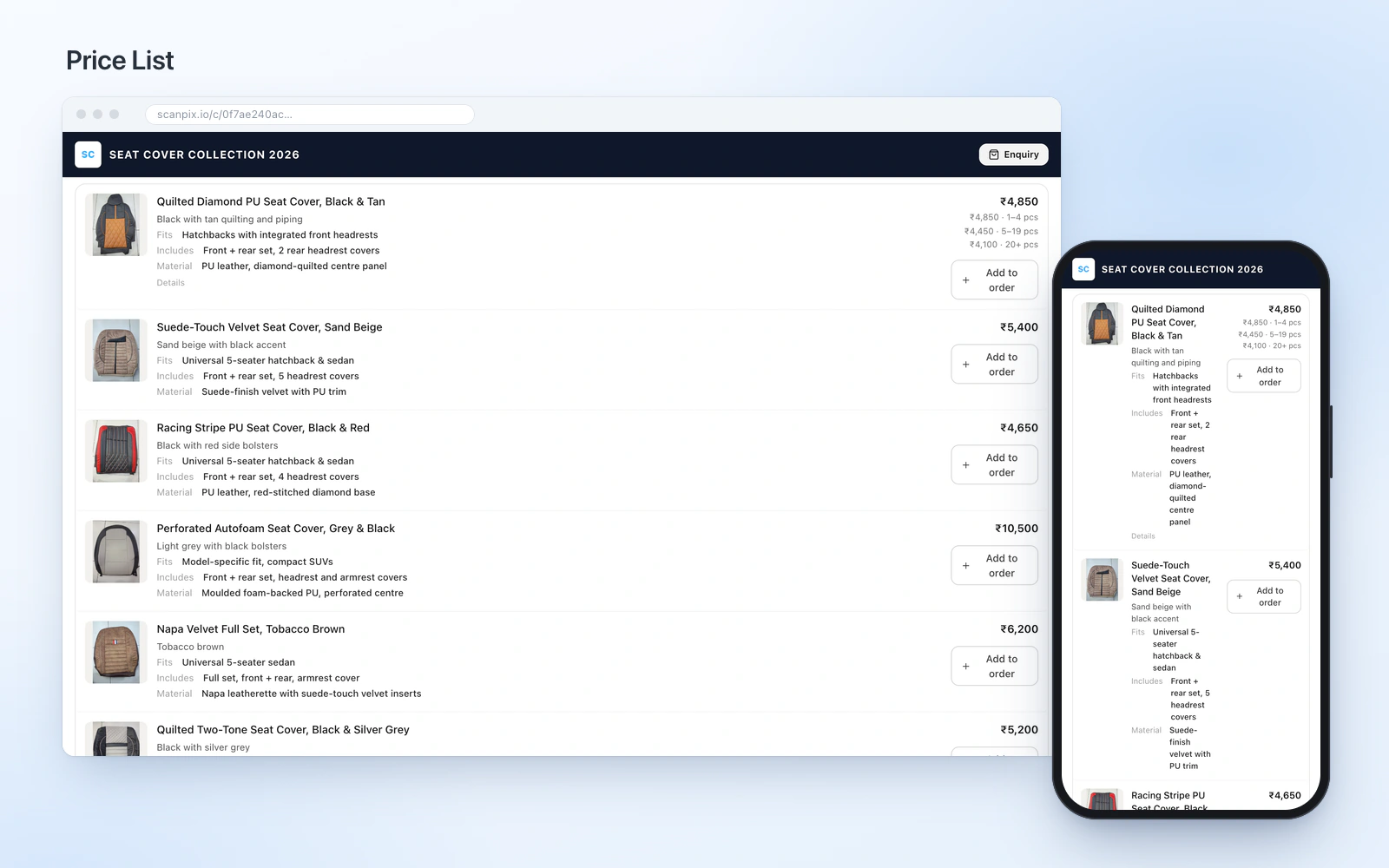 Screenshot: the seat-cover demo catalogue in the Price List layout, on desktop and phone