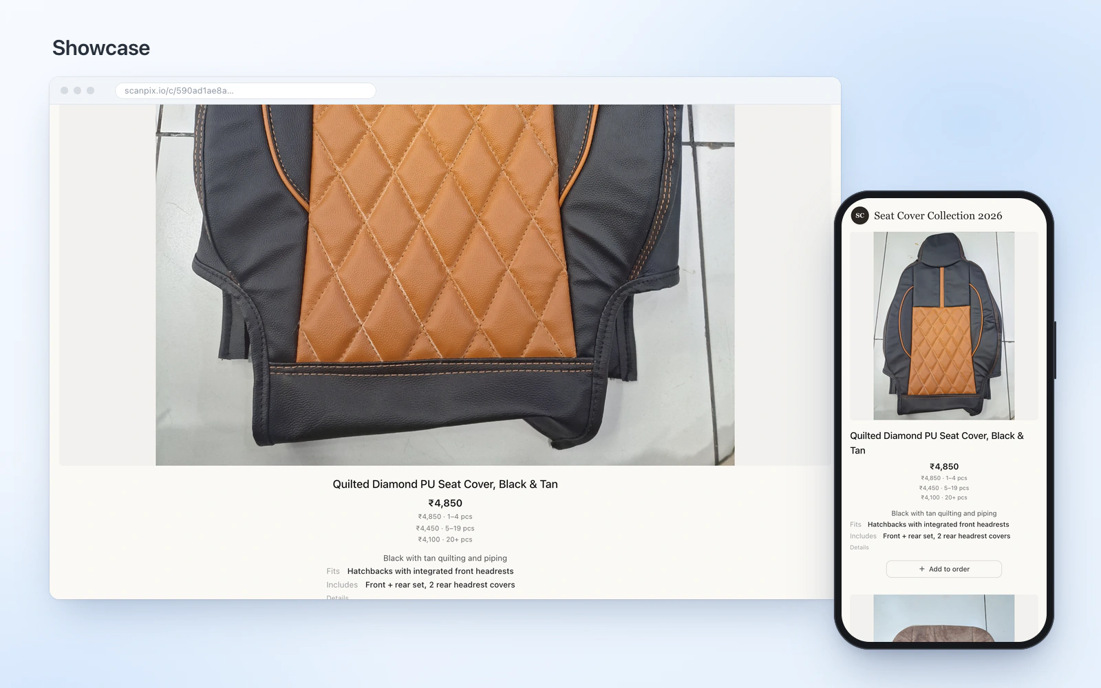 Screenshot: the seat-cover demo catalogue in the Showcase layout, on desktop and phone