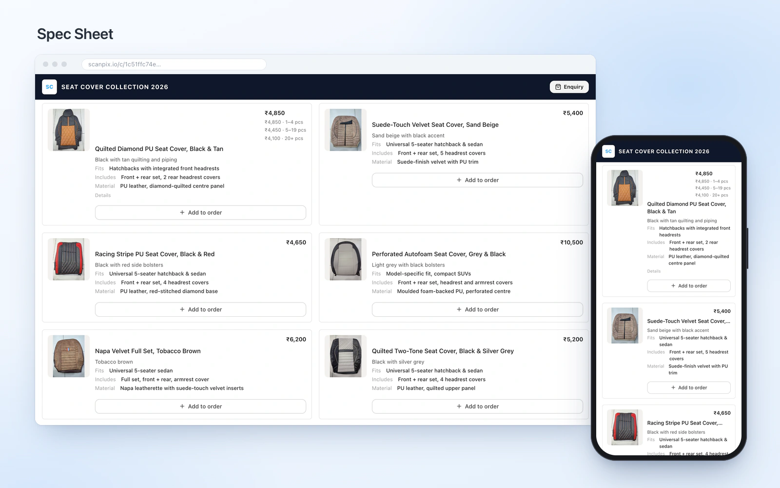 Screenshot: the seat-cover demo catalogue in the Spec Sheet layout, on desktop and phone