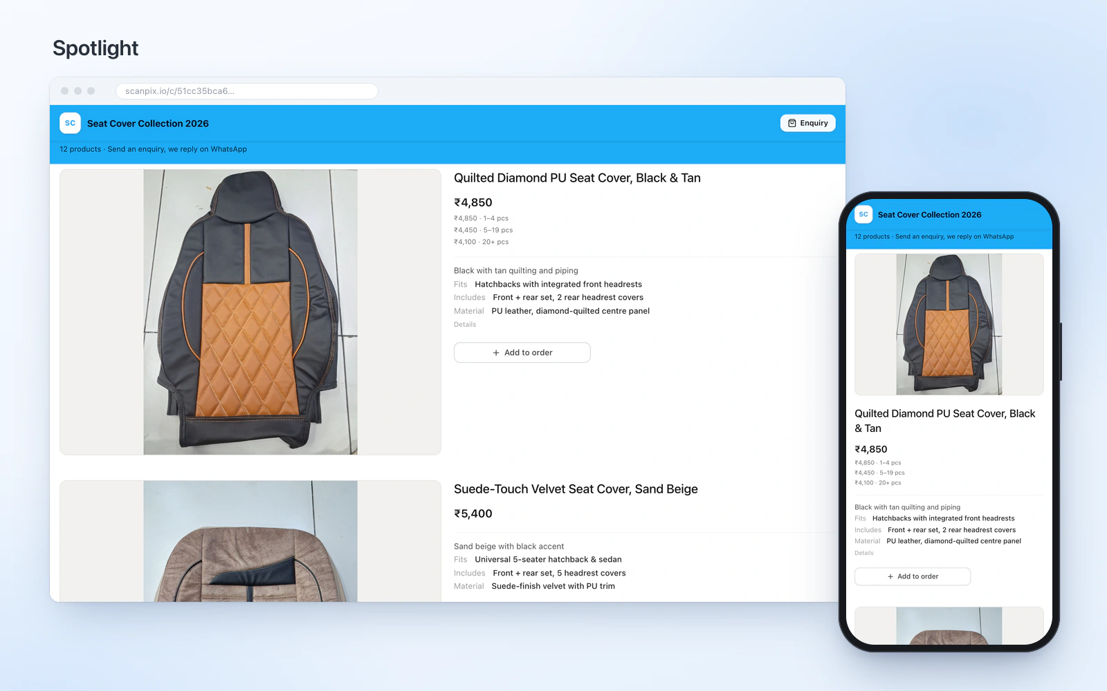 Screenshot: the seat-cover demo catalogue in the Spotlight layout, on desktop and phone